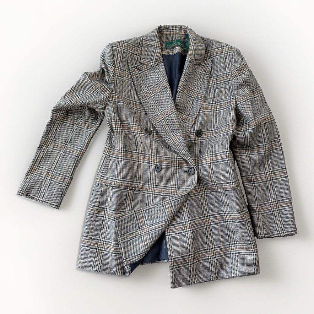 Vtg Embassy Row Plaid Blazer Womens 4 Double Breasted Tweed Wool Jacket Preppy